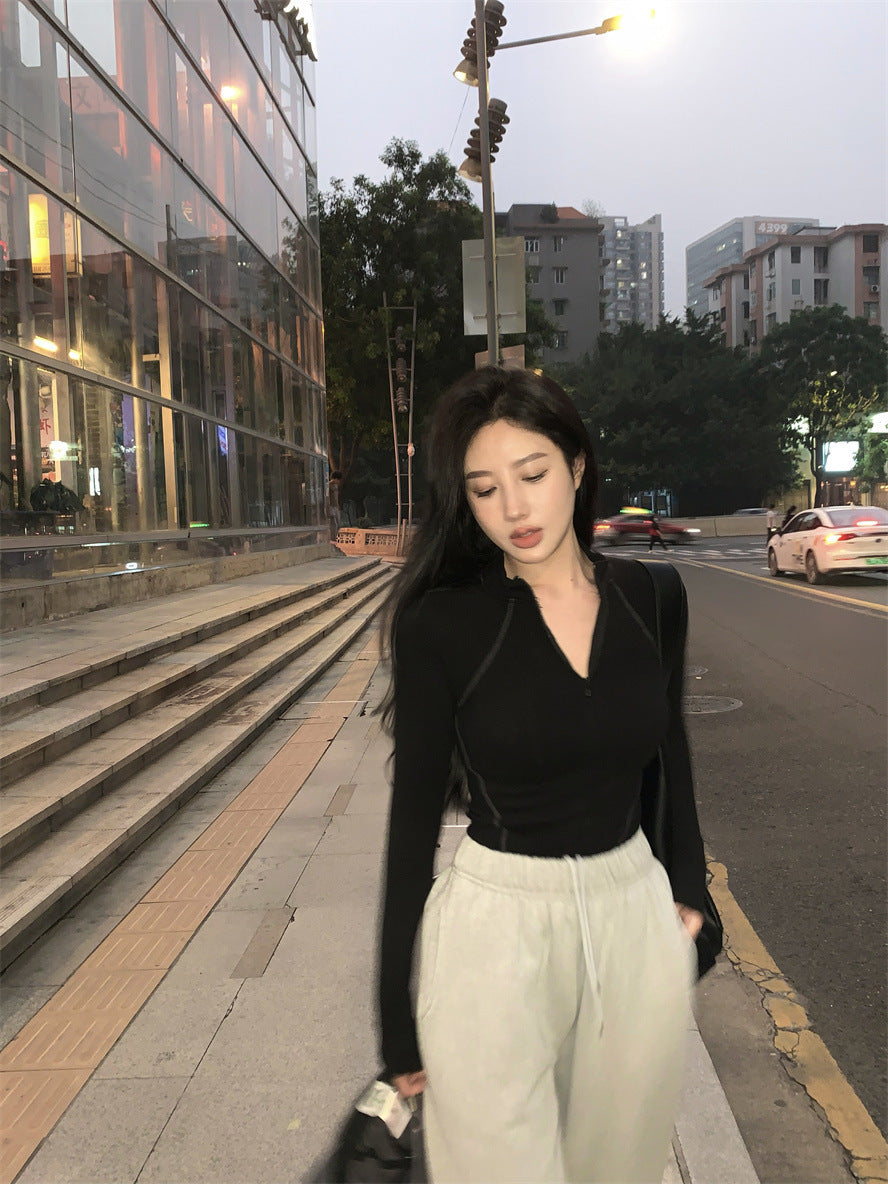 Women's Korean-style Half Turtleneck Gray Liner Outerwear T-shirt Top