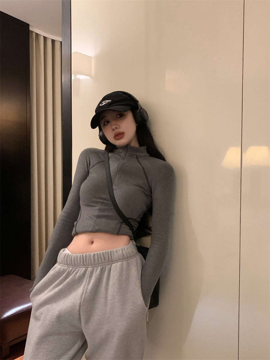 Women's Korean-style Half Turtleneck Gray Liner Outerwear T-shirt Top