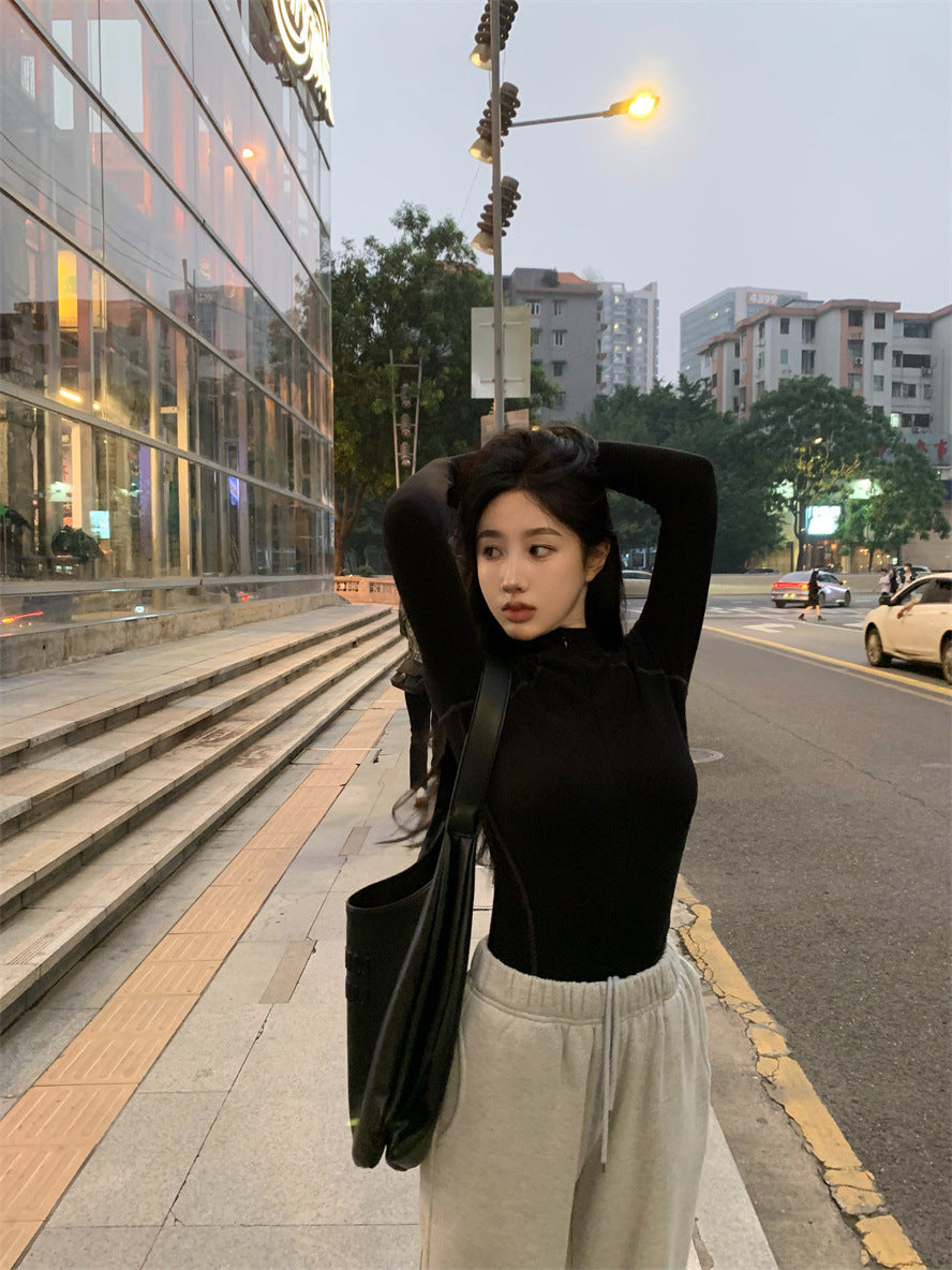 Women's Korean-style Half Turtleneck Gray Liner Outerwear T-shirt Top